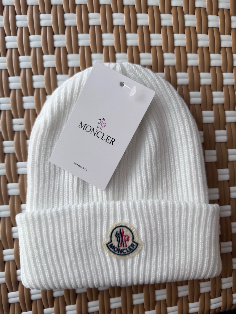 Moncler White Ribbed Knit Beanie Hat Logo Patch NWT Authentic Unisex